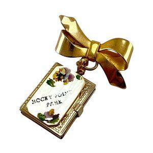 Vintage Rocky Point Park Locket Pin Gold Tone Bow Enamel Floral Book Charm